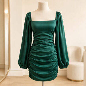 Gianni Bini Green Satin Ruched Bodycon Mini Dress Balloon Sleeve Size 3
